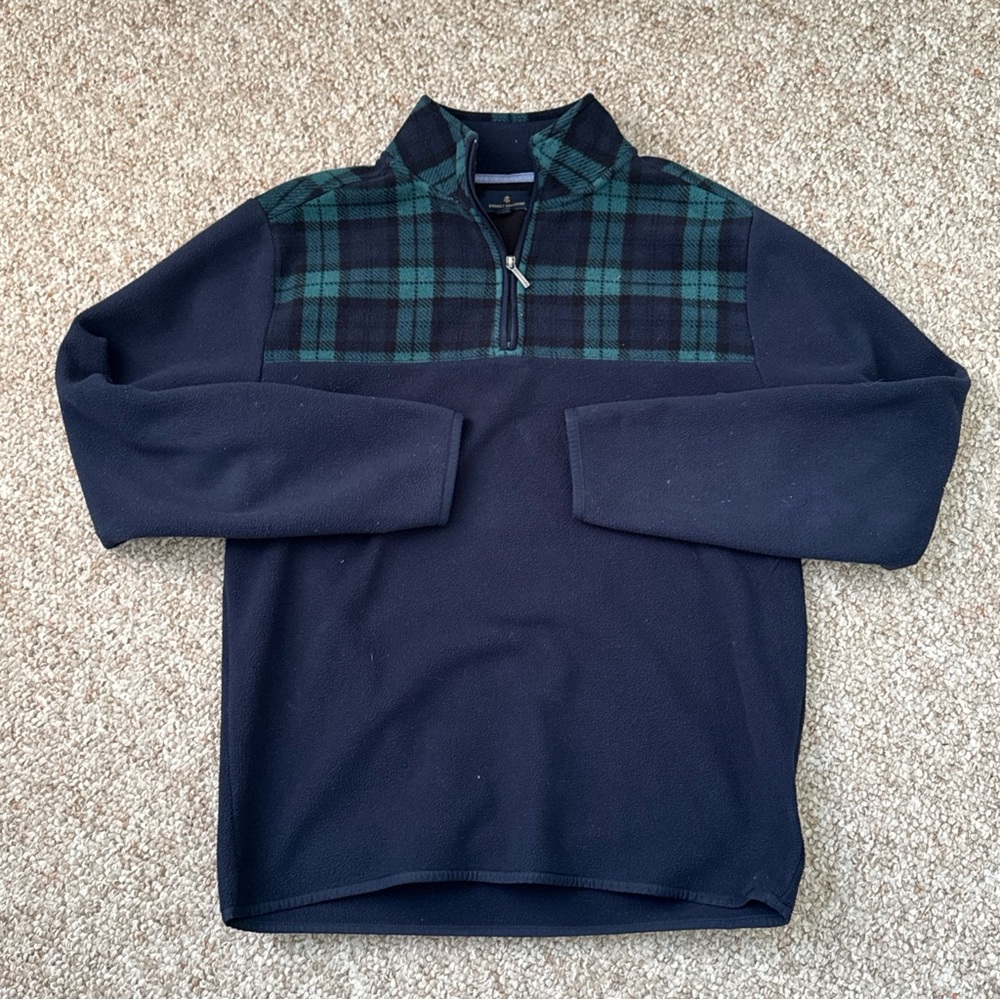 Brooks Brothers Men’s Navy Quarter-Zip Sweater with Green Plaid Medium
